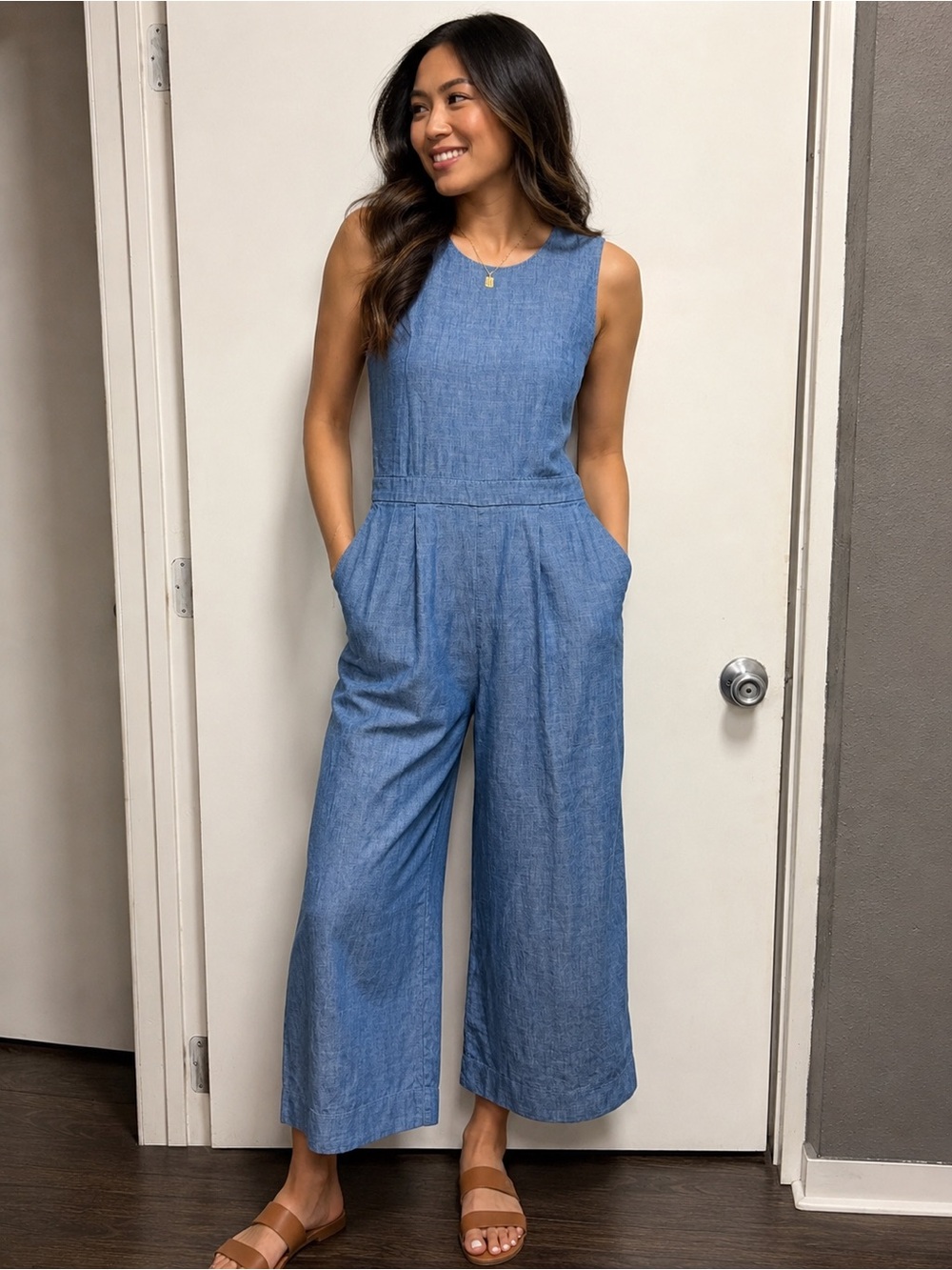 J. Crew Sleeveless Wide-Leg Chambray Jumpsuit in Blue